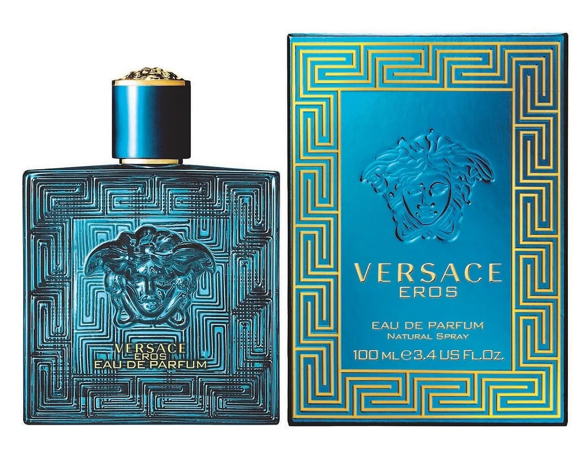 Versace eros eau de parfum cologne 3.4 oz, front side with packaging 